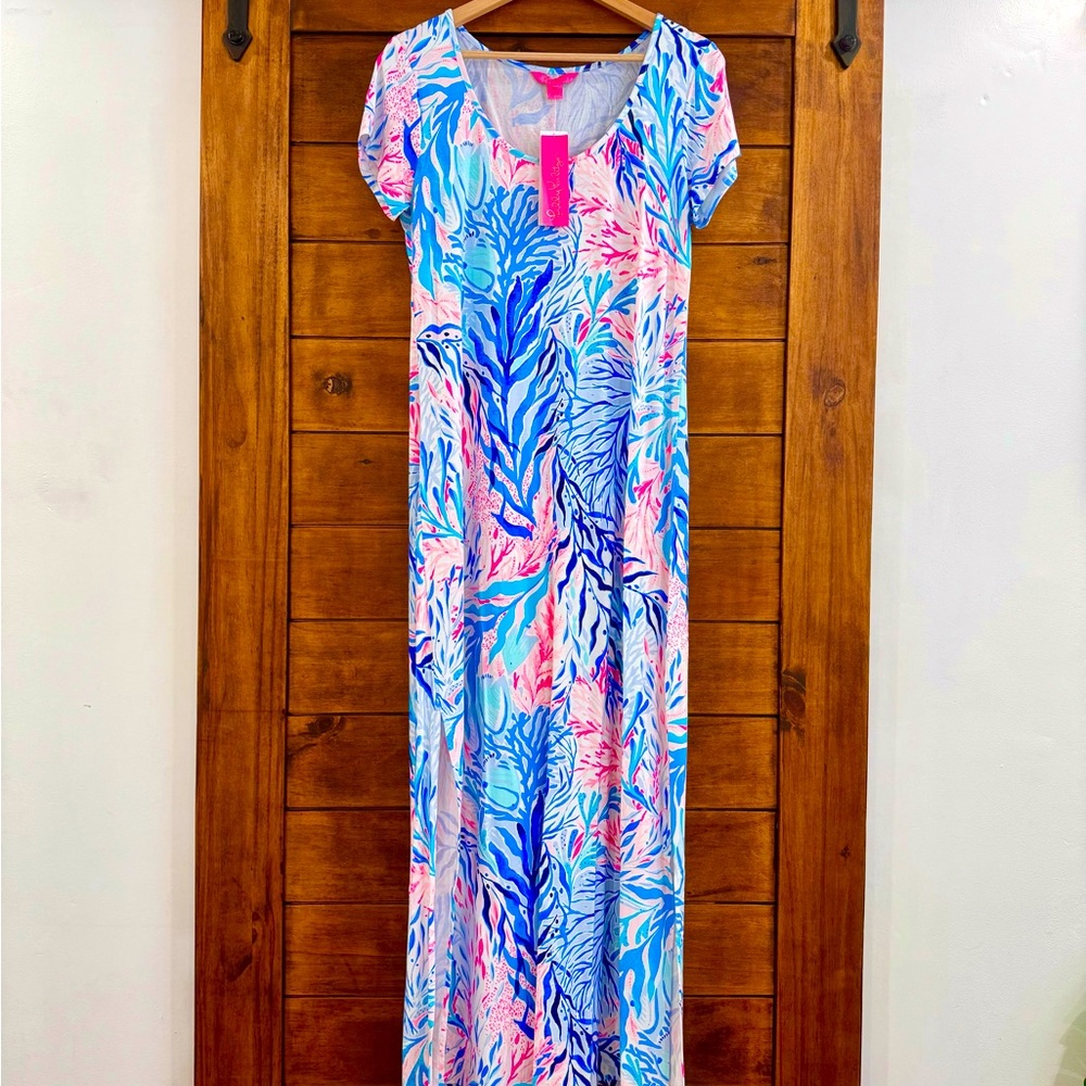 Lilly Pulitzer NWT Wynne Maxi dress Blue Crew kaleidoscope coral sz L